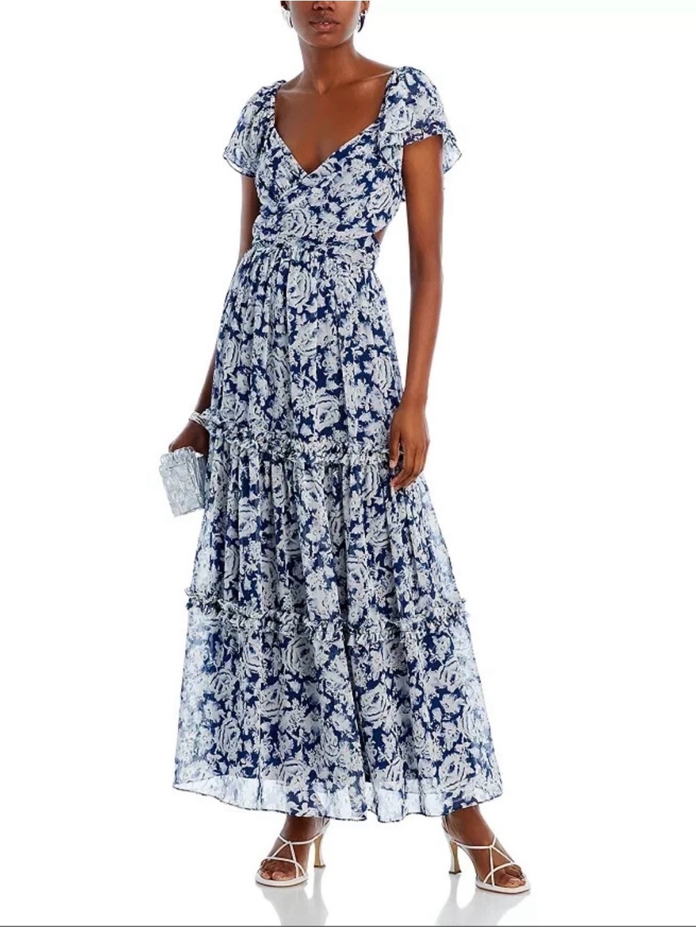 Aqua Womens Flutter Sleeve Tiered
Maxi Dress Navy , NWT , size L